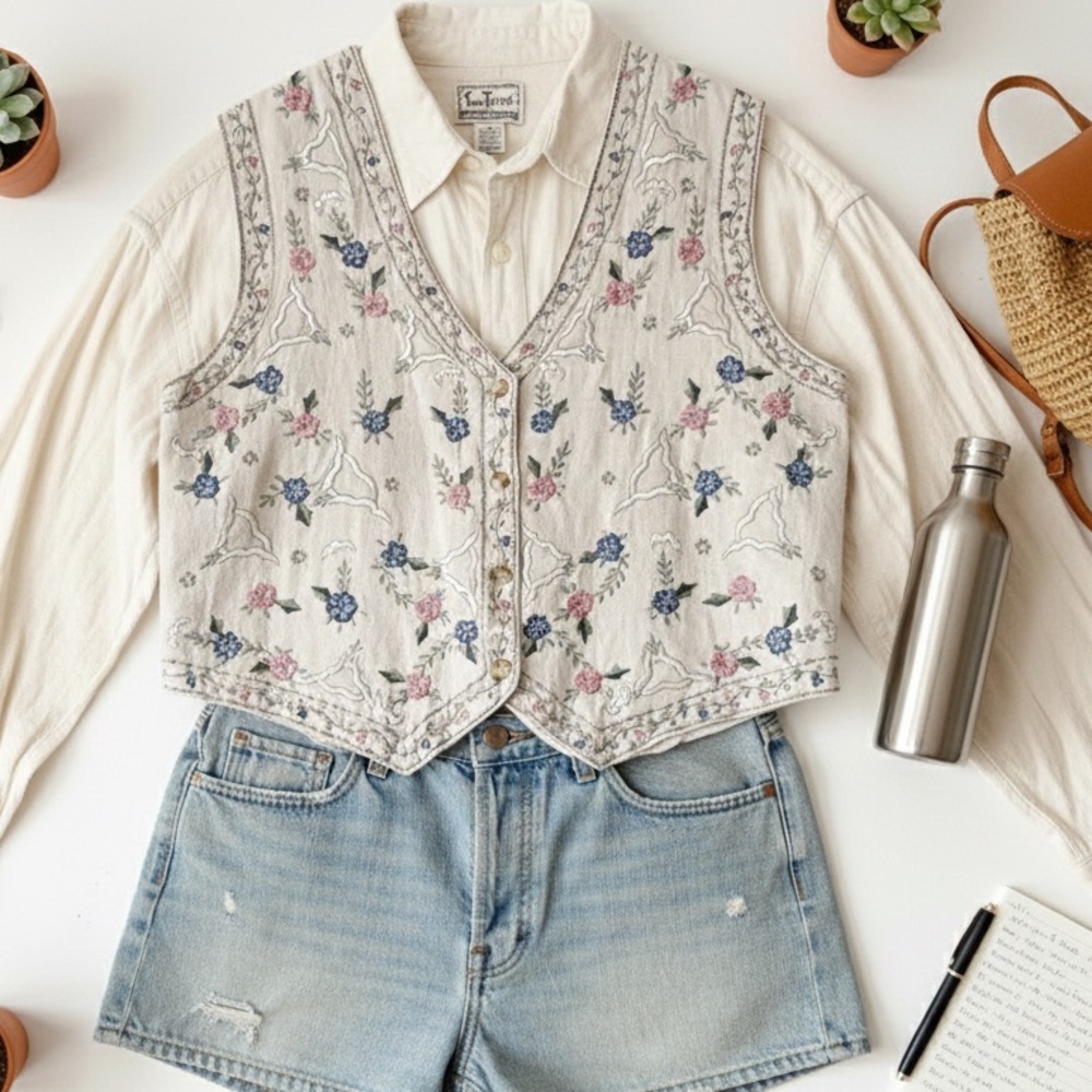 Vintage Cottagecore Floral Embroidered Cotton Linen Folk Vest Boho 90s Revival M - Picture 12 of 13